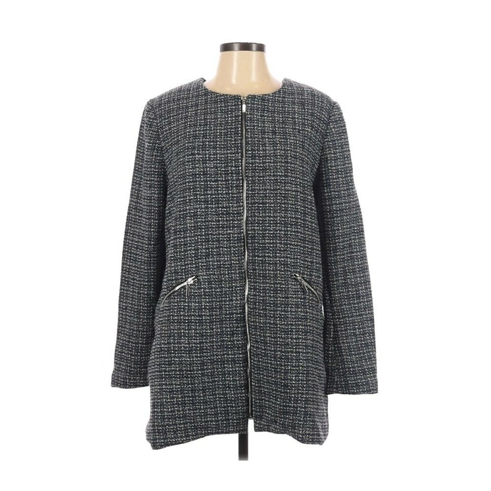 Carolina Belle Montreal Large Blue‎ Black Tweed Zip Up Pockets Jacket Blazer L